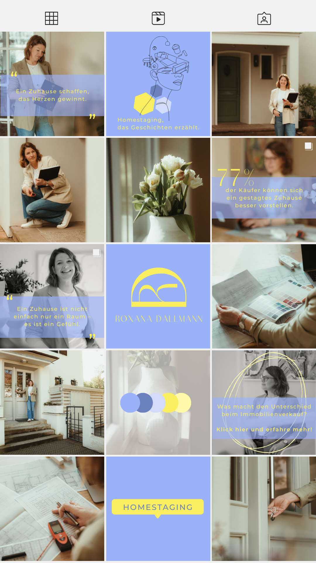 Instagram-Feed einer Homestaging-Expertin Übersicht des Instagram-Feeds einer Homestaging-Expertin mit inspirierenden Beiträgen.